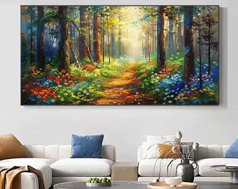 キャンバスに描かれたオリジナルの春の森の油絵、パステルカラーの木の 