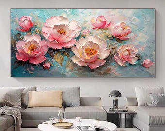 Original Pink Flower Oil Painting, Abstract Blooming Blossom Painting,  Large Textured Wall Art, Modern Floral Painting, Living Room Decor