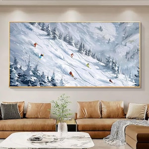 Abstract Skiing Oil Painting, Original Snowy Mountain Canvas Art, Textured Wall Art, Custom Winter Sports Wall Decor, Modern Ski Home Decor