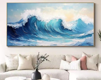 Large Original Blue Sea Waves Oil Painting On Canvas, Abstract Seascape Canvas Art, Ocean Wall Art, Beach House Decor, Housewarming Gift