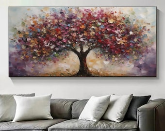 Handgeschilderd, kleurrijk olieverfschilderij van een grote boom, origineel canvas kunstwerk met de Levensboom, abstracte muurdecoratie met boommotief, moderne woonkamerdecoratie