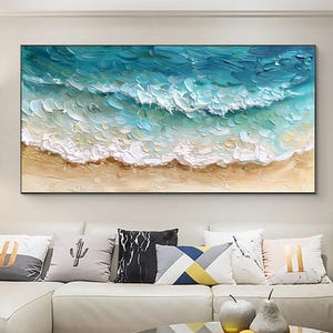 Thick Texture 3D Beach Oil Painting, Abstract Waves Canvas Art, Large Wall Art, Original Seascape Painting, Handmade Gift, Living Room Decor