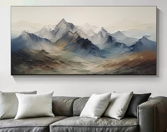 Original 3D Mountain Landscape Oil Painting, Abstract Neutral Toned Mountain Canvas Art, Large Impasto Textured Wall Art, Living Room Decor