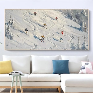 Abstract Skiing Oil Painting, Original Winter Sports Canvas Art, Textured Wall Art, Snowy Mountain Home Decor, Gifts for Ski Enthusiasts