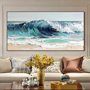 Dipinto ad olio su tela con texture 3D Ocean Beach, grande impasto, arte murale astratta, onda del mare, tela, pittura Wabi-Sabi, soggiorno, arredamento per la casa