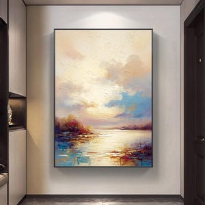 Serene Sunset Lake View Oil Painting, Original Water Reflection Wall Art, Textured Impasto Landscape Canvas Artwork, Living Room Home Decor