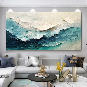 Large 3D Beach Oil Painting Impasto Textured Wall Decor Abstract Ocean Wave Canvas Art Original Minimalist Wall Art Living Room Home Decor