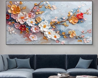 Abstract Texture 3D Flower Oil Painting Original Colourful Blossom Canvas Art Gold Floral Wall Art Spring Flower Art Living Room Home Decor