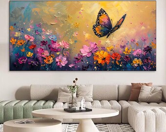 オリジナルの飛んでいる蝶の油絵、抽象的なピンクの蝶の絵、大きな質感 