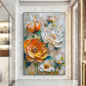 Hand Drawn Abstract Flower Oil Painting, Original Colorful Floral Canvas Art, 3D Impasto Textured Wall Art, Bedroom Home Decor With Frame