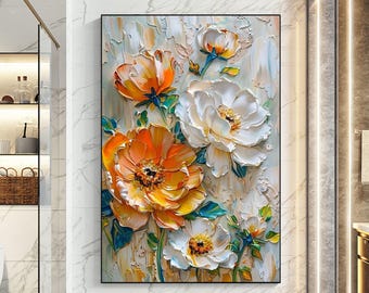 Hand Drawn Abstract Flower Oil Painting, Original Colorful Floral Canvas Art, 3D Impasto Textured Wall Art, Bedroom Home Decor With Frame