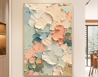 Pintura al óleo con técnica de impasto floral en tonos pastel, arte abstracto de flores rosa rubor para pared, flores con textura gruesa aplicadas con espátula sobre lienzo, decoración moderna para el hogar.