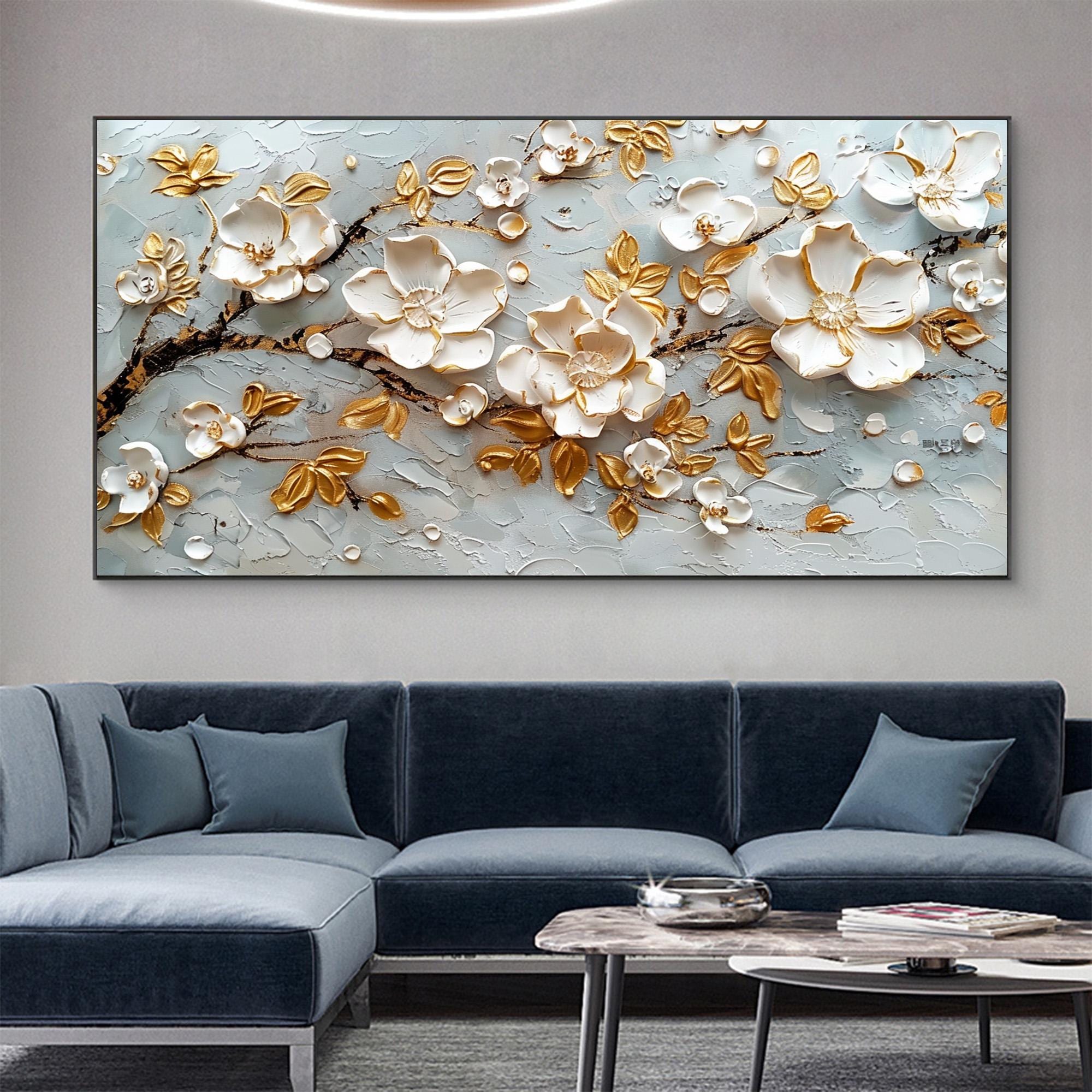 Impasto Texture 3D White Flower Oil Painting Large Golden Floral Wall Art Abstract Blossom Canvas Art Original Flower Home Decor Spring Art