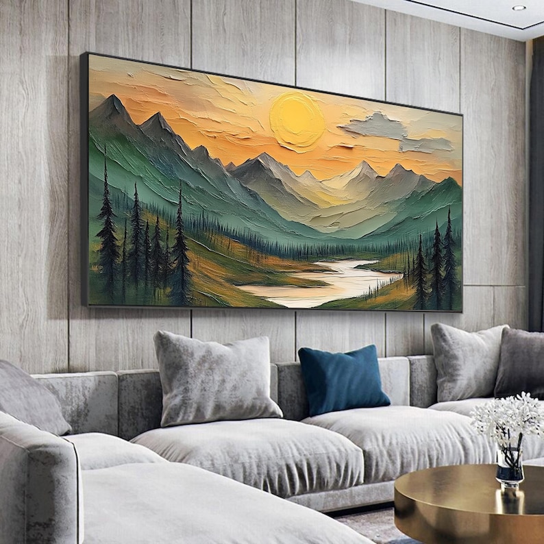 Large Mountain Scenery Oil Painting On Canvas, Original Forest Painting, Abstract River Wall Art, Sunset Wall Decor, Living Room Home Decor