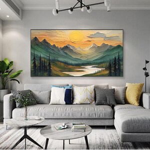 Large Mountain Scenery Oil Painting On Canvas, Original Forest Painting, Abstract River Wall Art, Sunset Wall Decor, Living Room Home Decor