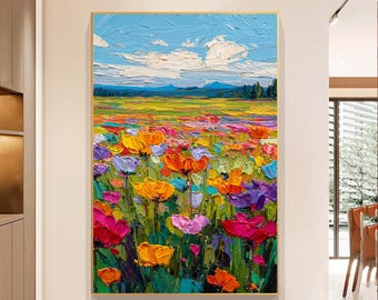Vibrant Floral Field Oil Painting, Colorful Wildflower Meadow Wall Art, Textured Impasto Nature On Canvas, Bright Spring Scenery Home Decor