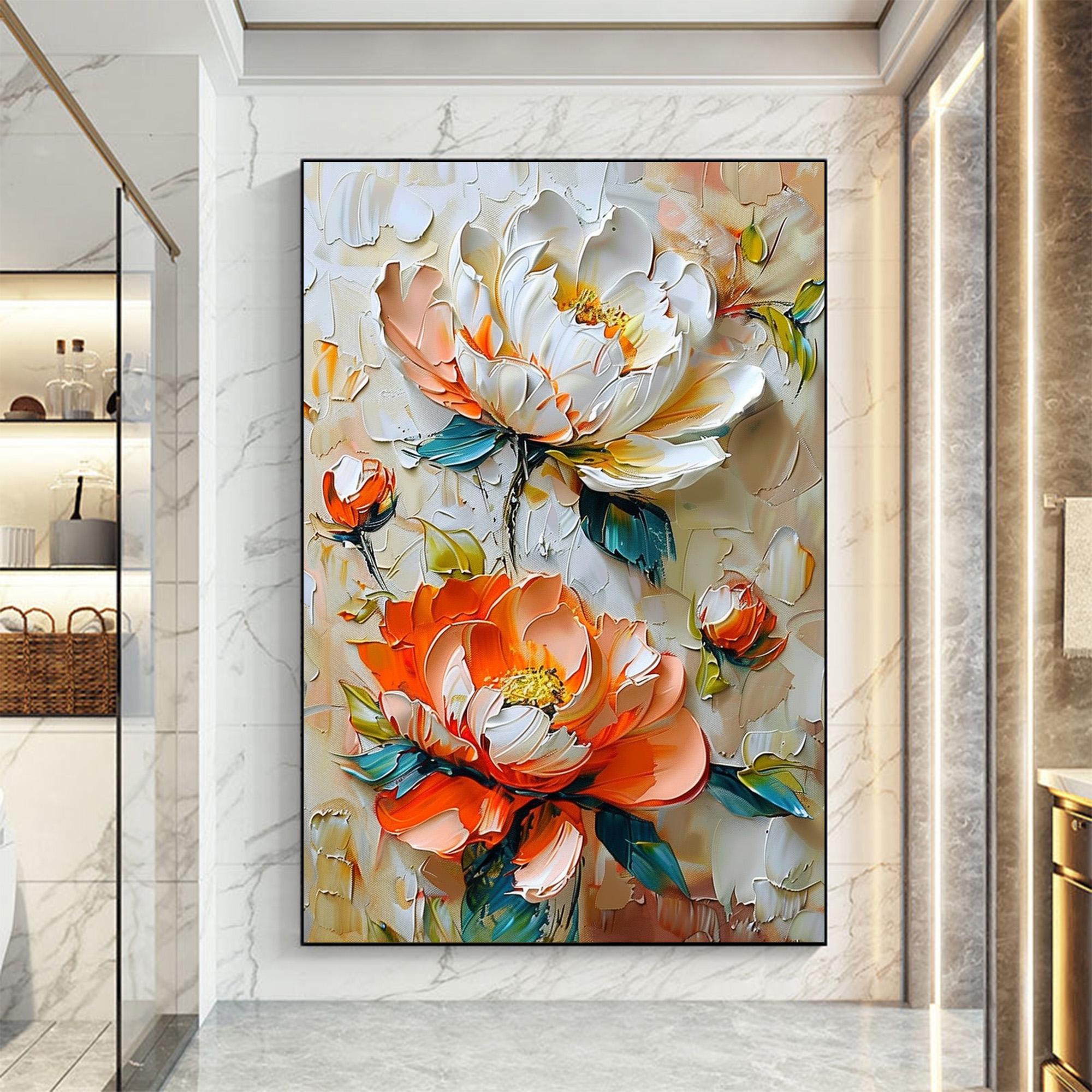 3D Textured Floral Oil Painting, Original Blooming Flower Canvas Art, Abstract Landscaping Wall Art Dreamy Living Room Home Decor with Frame