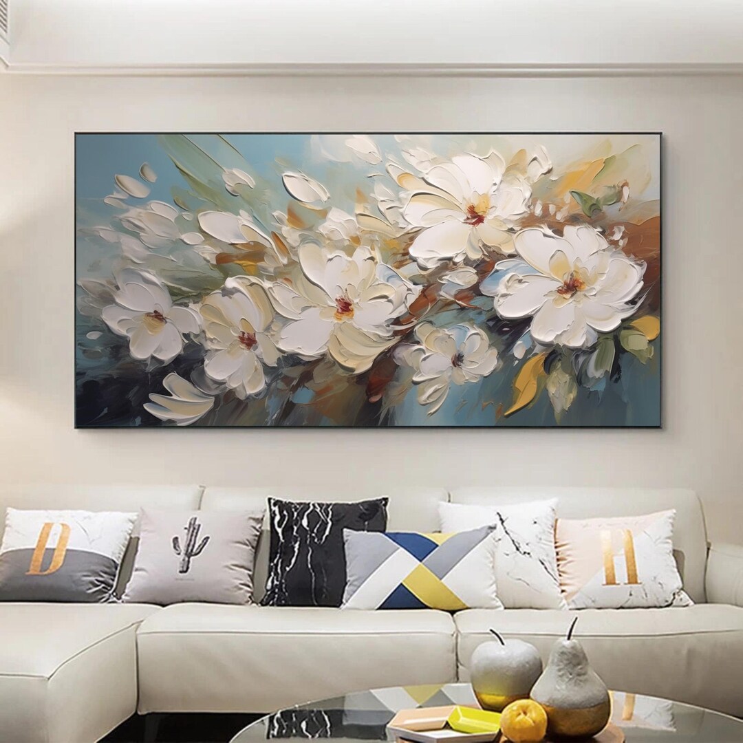 Large Original White Flower Oil Painting on Canvas, Abstract Cherry ...