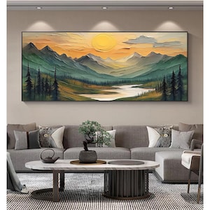 Large Mountain Scenery Oil Painting On Canvas, Original Forest Painting, Abstract River Wall Art, Sunset Wall Decor, Living Room Home Decor