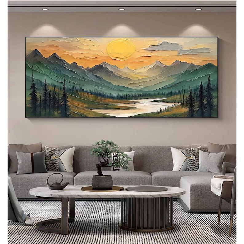 Large Mountain Scenery Oil Painting On Canvas, Original Forest Painting, Abstract River Wall Art, Sunset Wall Decor, Living Room Home Decor