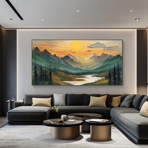 Large Mountain Scenery Oil Painting On Canvas, Original Forest Painting, Abstract River Wall Art, Sunset Wall Decor, Living Room Home Decor