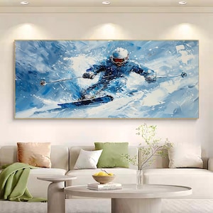 Original Skiing Oil Painting On Canvas, Abstract Ski Wall Decor, Large Textured Wall Art, Winter Landscape Painting, Gift for Skier Lover