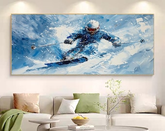 Dipinto a olio originale su tela raffigurante uno sci, decorazione murale astratta con motivo sciistico, grande opera d&#39;arte murale testurizzata, dipinto di paesaggio invernale, regalo per gli amanti dello sci.