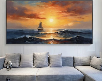 夕日のボートの油絵（キャンバス）、黄金の海景の壁掛けアート、帆船の