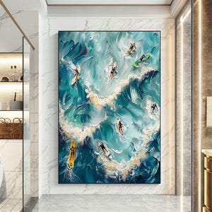 Pintura a óleo original de surfe em tela texturizada arte de parede ondas do oceano azul pintura mar surfe arte em tela decoração de parede de quarto presentes de surfista