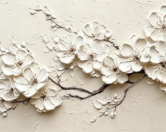 Grande dipinto originale ad olio con fiori bianchi, opera d'arte astratta con texture floreale da parete, dipinto a mano su tela con fiori, arredamento moderno e minimalista per la casa.