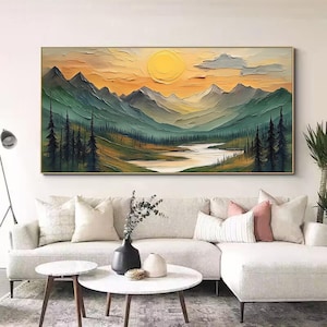 Large Mountain Scenery Oil Painting On Canvas, Original Forest Painting, Abstract River Wall Art, Sunset Wall Decor, Living Room Home Decor