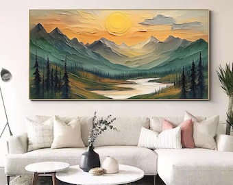 Large Mountain Scenery Oil Painting On Canvas, Original Forest Painting, Abstract River Wall Art, Sunset Wall Decor, Living Room Home Decor