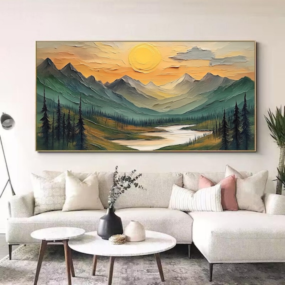 Large Mountain Scenery Oil Painting On Canvas, Original Forest Painting, Abstract River Wall Art, Sunset Wall Decor, Living Room Home Decor