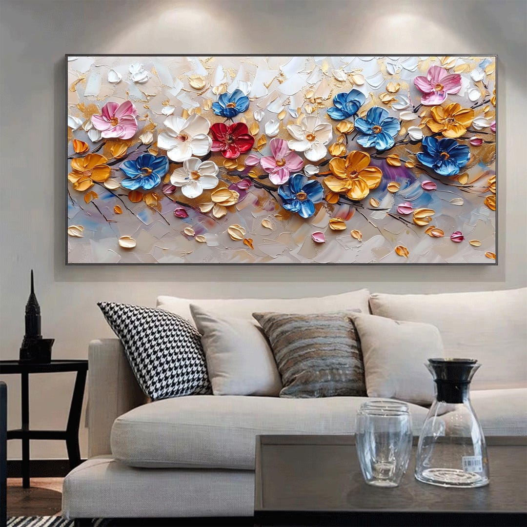 3D Colorful Floral Tree Oil Painting Cherry Blossom Canvas Art Textured ...