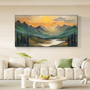 Large Mountain Scenery Oil Painting On Canvas, Original Forest Painting, Abstract River Wall Art, Sunset Wall Decor, Living Room Home Decor