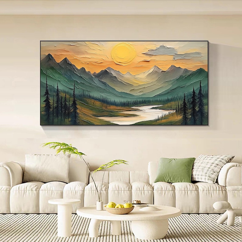 Large Mountain Scenery Oil Painting On Canvas, Original Forest Painting, Abstract River Wall Art, Sunset Wall Decor, Living Room Home Decor