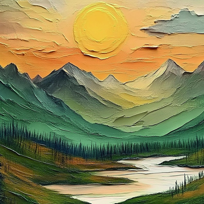 Large Mountain Scenery Oil Painting On Canvas, Original Forest Painting, Abstract River Wall Art, Sunset Wall Decor, Living Room Home Decor
