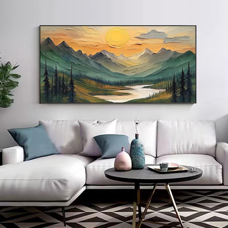 Large Mountain Scenery Oil Painting On Canvas, Original Forest Painting, Abstract River Wall Art, Sunset Wall Decor, Living Room Home Decor