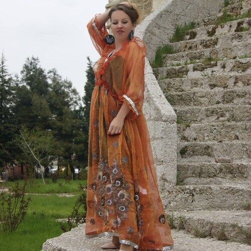 Wedding kimono dress. Organza orange bridal dress with shiny shops sequin flowers + petticoat, transparent wedding dress with ruffles,