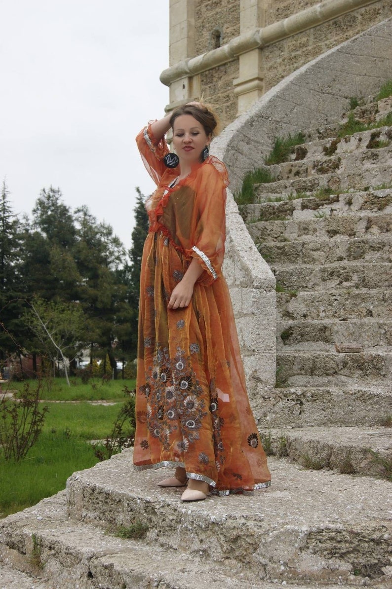 Wedding kimono dress. Organza orange bridal dress with shiny shops sequin flowers + petticoat, transparent wedding dress with ruffles,