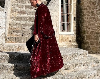 Bordo Velvet Sequin Kimono - Luxe Boho Bridal Robe, Wedding Cover Up Dress & Resort Wear