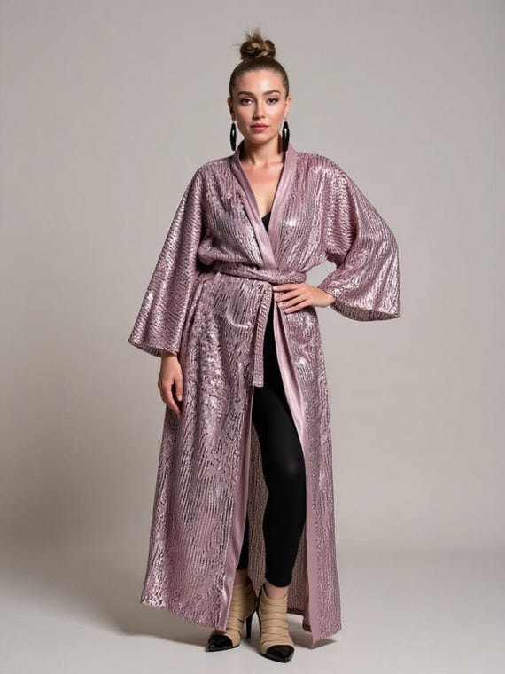 Handmade Ash Pink Velvet Sequin Kimono: Boho Bridal Robe Handmade Ash Pink Velvet Sequin Kimono: Boho Bridal Robe