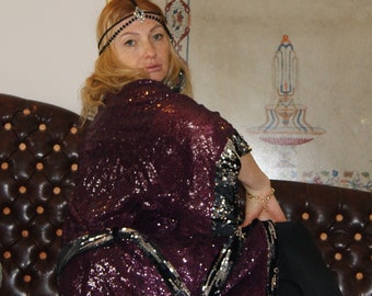 Handmade Purple Sequin Kimono - Luxury Party Dress with Kimono Sleeves, Boho Lace Robe, Festival Cover Up & Resort Wear