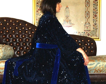 Blue Velvet Sequin Kimono - Luxe Boho Bridal Robe, Wedding Cover Up, Festival Kaftan Dress & Resort Wear