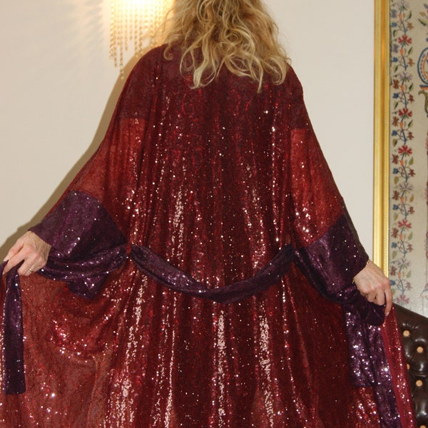 Glitzernder transparenter Pailletten Kimono von Masha, Party Kleid, einzigartiger Kimono, Luxus Kimono, Geschenk für sie, bordo-lila Pailletten Kleid