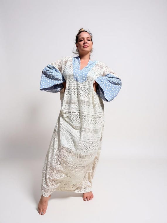 kimono dress beach cover up Handmade Lace Cotton Kimono Maxi Dress: Boho Beach Cover Up