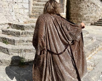 Beige Velvet Sequin Kimono - Elegant Bridal Robe, Boho Wedding Cover Up, Resort Wrap Dress & festival Wear