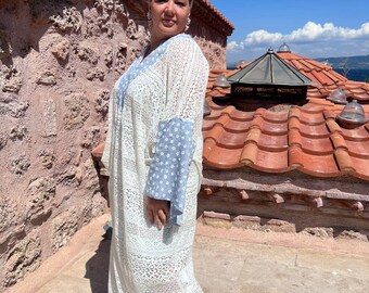Oversized Lace Cotton Kimono Dress - Boho Beach Cover Up - Loose Maxi Dress - Resort Wear - White Summer Dress