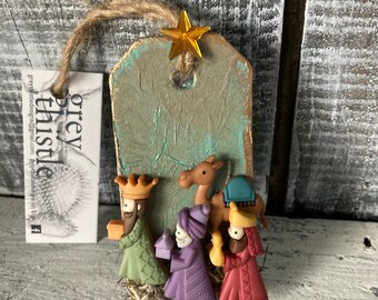 Sale Item Hand Crafted Rustic Three Kings Ornament; Nativity; Epiphany Ornament; Grey Thistle; Wise Men Scene; Wise Men Ornament