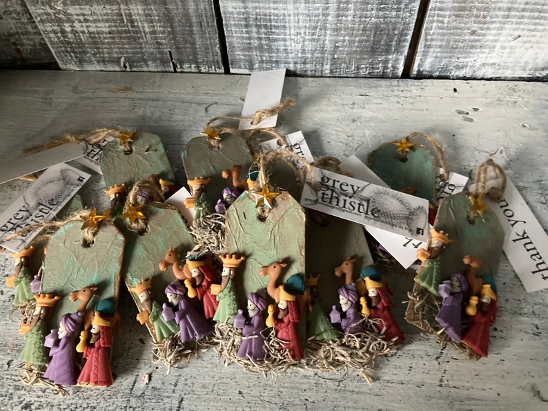Sale Item Hand Crafted Rustic Three Kings Ornament; Nativity; Epiphany Ornament; Grey Thistle; Wise Men Scene; Wise Men Ornament